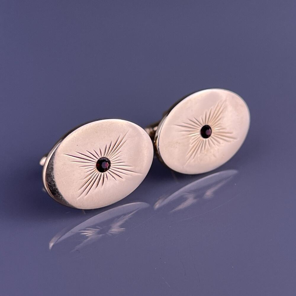 Atomic Star Burst Red Rhinestone Cufflinks Gold Tone Oval Polished Swank Vintage